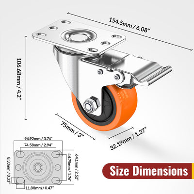 Size dimensions drawing for 3-inch 304 stainless steel casters