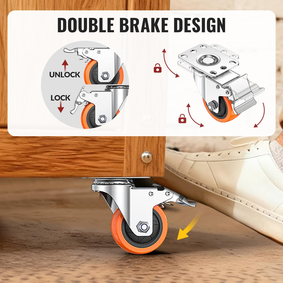 3-inch 304 stainless steel casters with double-brake foot  pedal design for locking and unlocking
