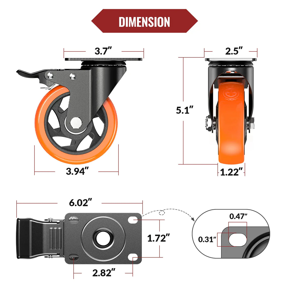 Plate Casters Orange with Brake