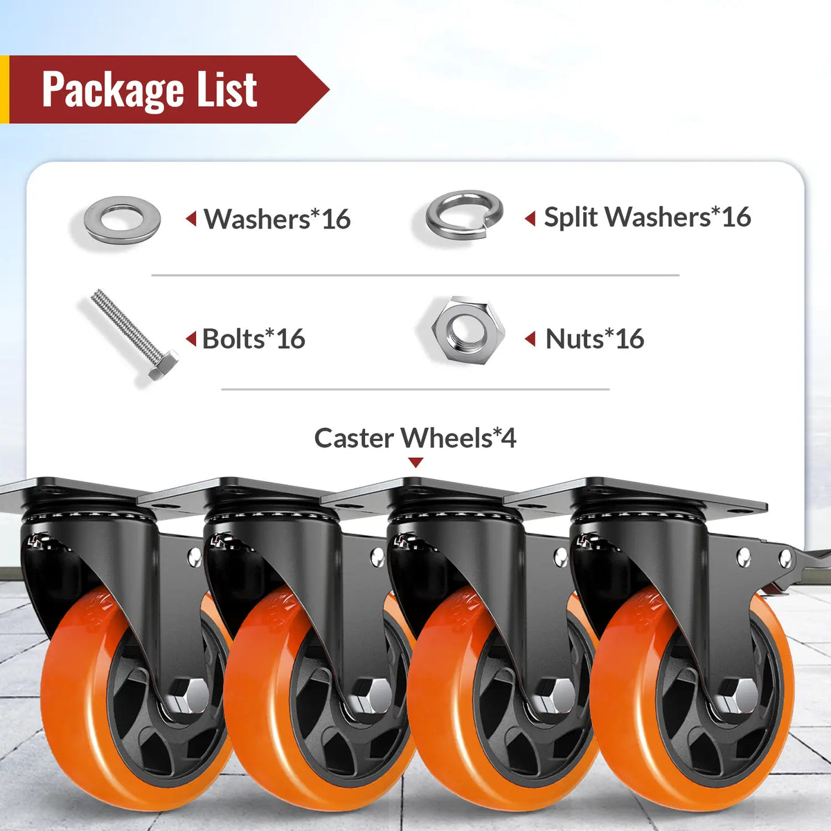 Plate Casters Orange with Brake