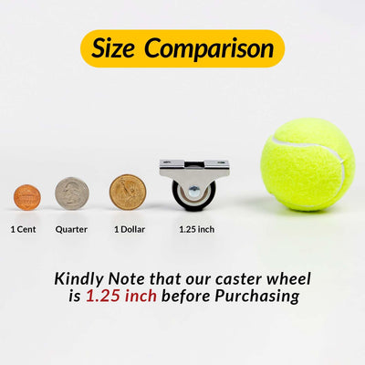 Size comparison graphic: 1.25‑inch caster wheel compared with US coins and tennis ball for scale