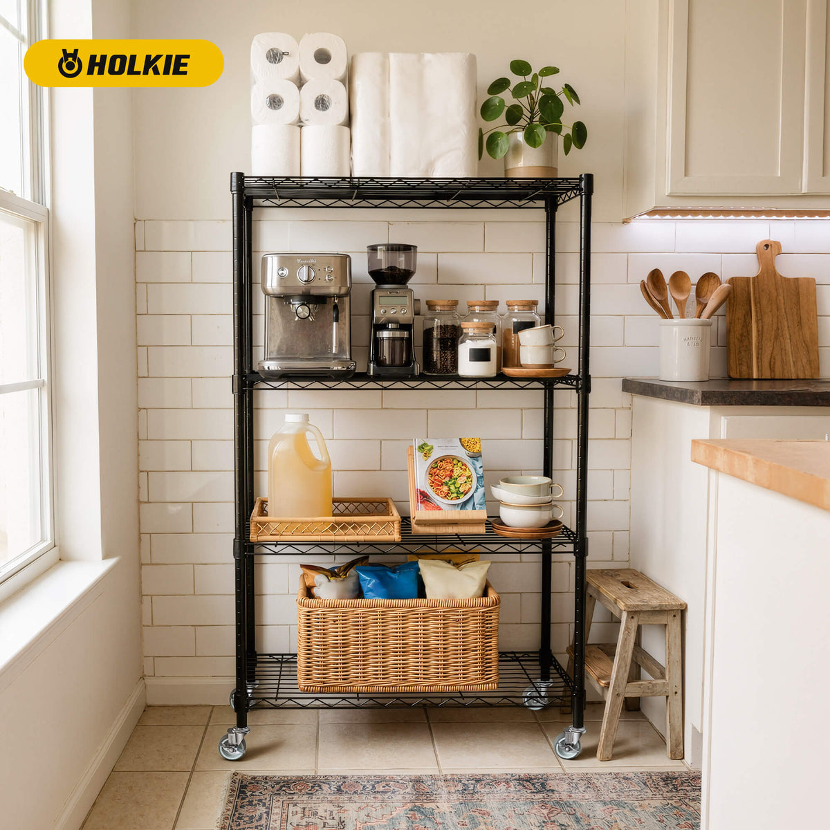 HOLKIE swivel caster wheels equipped on a black wire shelving unit for kitchen storage