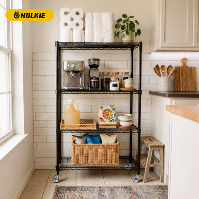 HOLKIE swivel caster wheels equipped on a black wire shelving unit for kitchen storage
