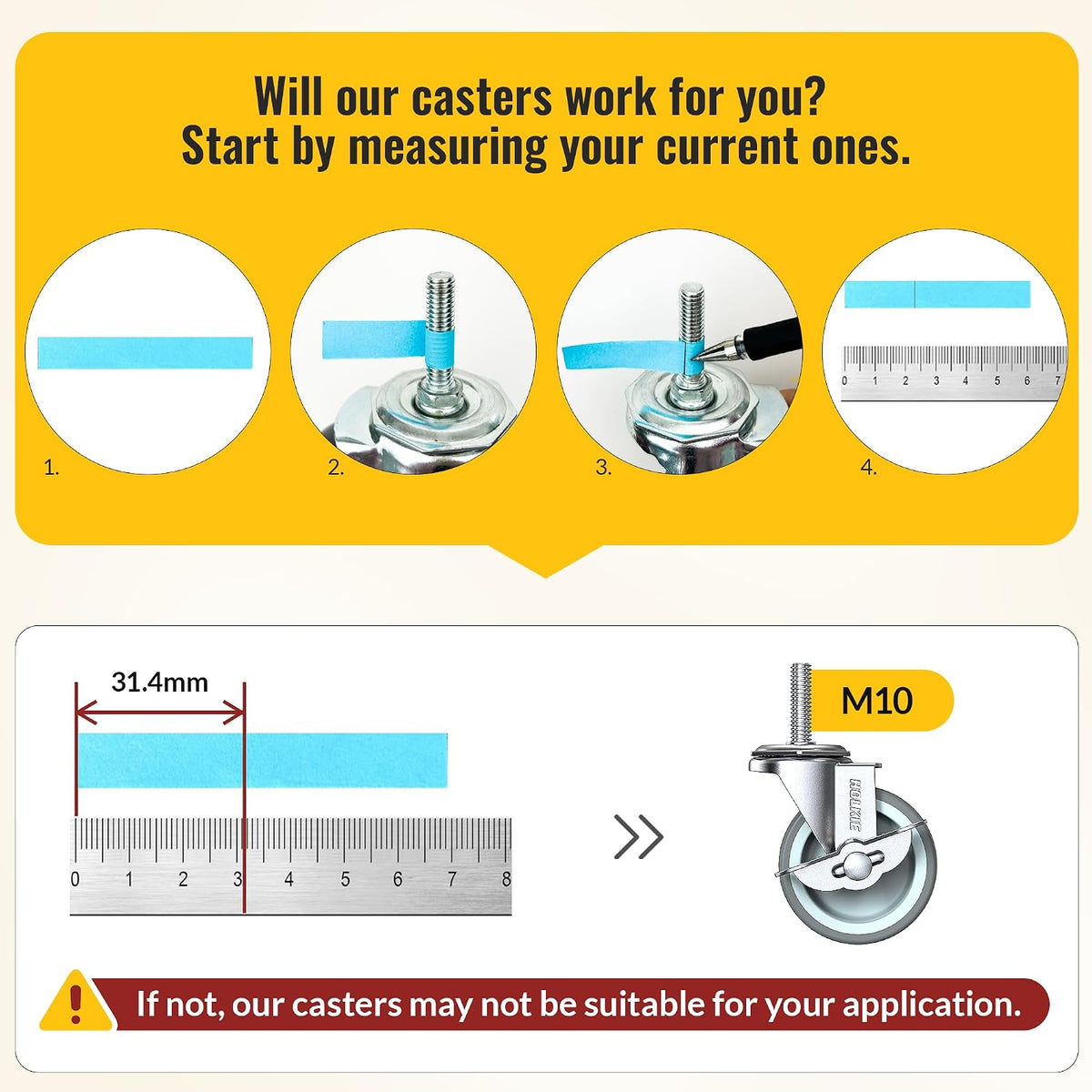 Infographic showing steps to measure thread size for compatibility with HOLKIE 3‑inch gray side‑brake stem caster wheels, M10 threaded stem reference