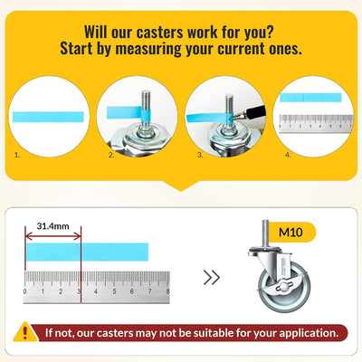 Infographic showing steps to measure thread size for compatibility with HOLKIE 3‑inch gray side‑brake stem caster wheels, M10 threaded stem reference