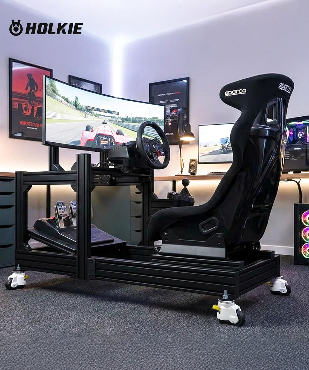 Home gaming room, racing simulator cockpit with heavy-duty leveling casters with threaded stem TD60, white version shown