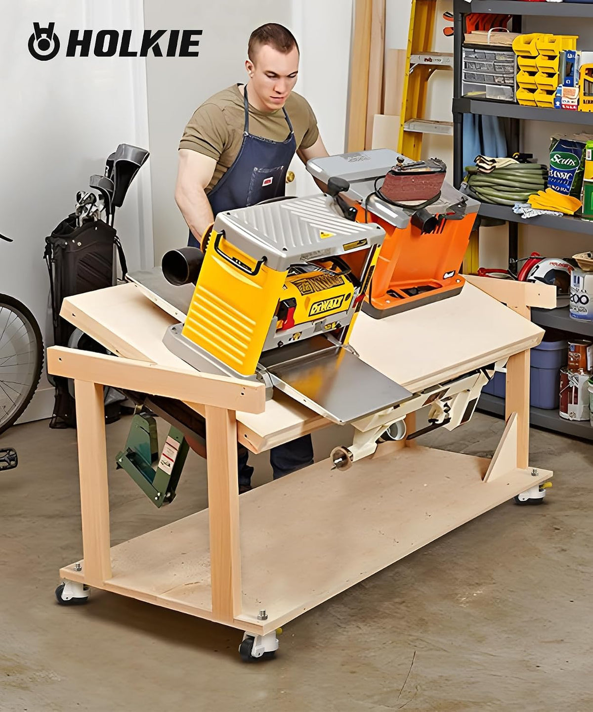 Woodworking workshop scene, workbench equipped with HOLKIE retractable leveling casters, threaded stem TD80, white version shown