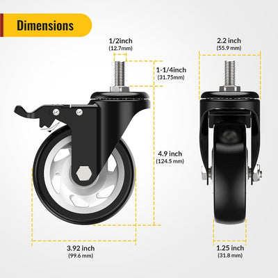 4 in Stem Caster Wheel With Total Lock (1/2" -13 x 1-1/4" & 3/8" -16 x 1")