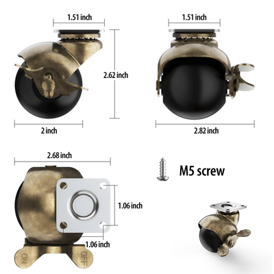 Dimension drawing of antique brass ball casters with side brake