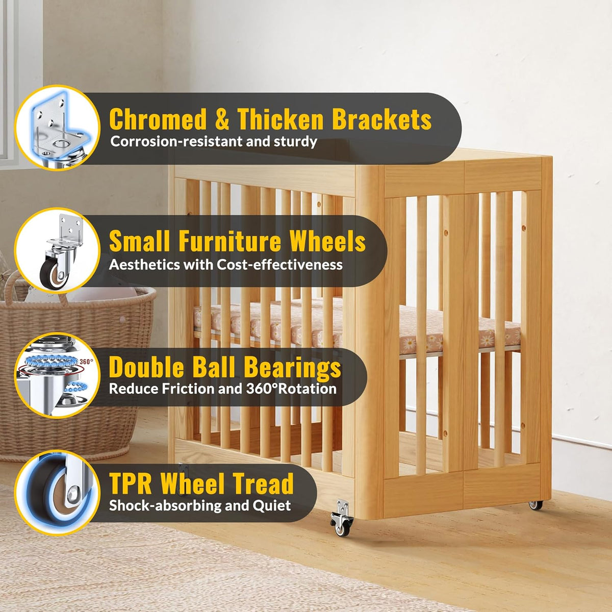 Wooden crib with Holkie 2 in L-shaped casters wheels, features like chromed brackets and TPR wheel tread.