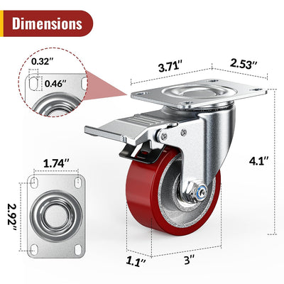 Dimension drawing for 3 inch heavy-duty PU  plate caster with total-lock swivel brake