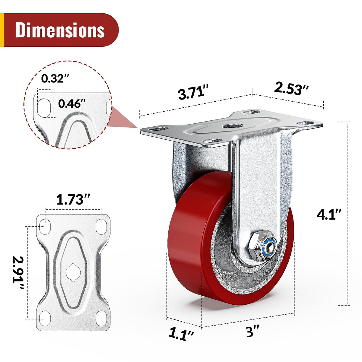 Dimension drawing for 3 inch heavy-duty PU plate rigid caster