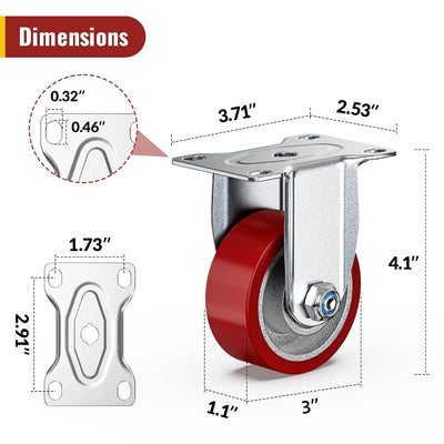 Dimension drawing for 3 inch heavy-duty PU plate rigid caster