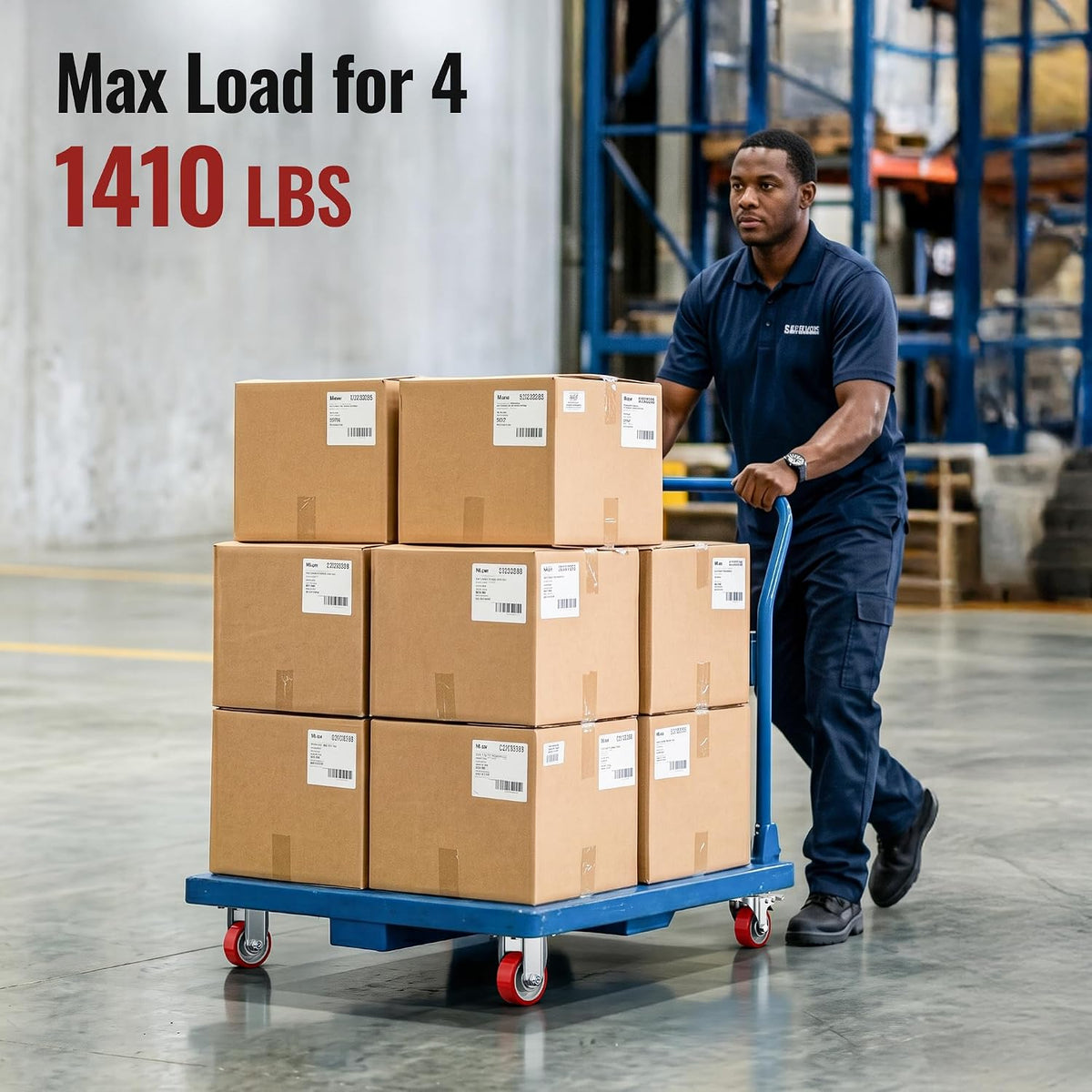 Worker pushing cart loaded with cargo,cart fitted with HOLKIE 3 inch heavy-duty PU plate casters, max load 1410 lbs for 4 casters.