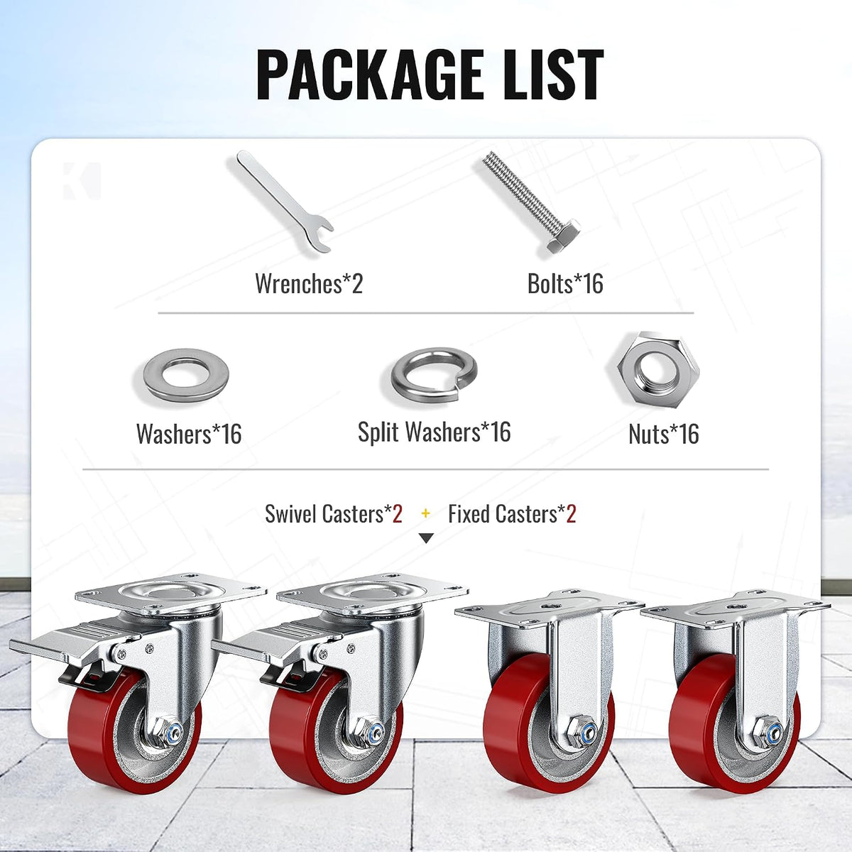 Package list diagram including wrenches, bolts, washers, split washers, nuts, 2 pcs 3 inch heavy-duty PU swivel casters and 2 pcs 3 inch heavy-duty PU rigid casters