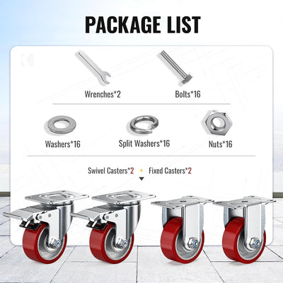 Package list diagram including wrenches, bolts, washers, split washers, nuts, 2 pcs 3 inch heavy-duty PU swivel casters and 2 pcs 3 inch heavy-duty PU rigid casters