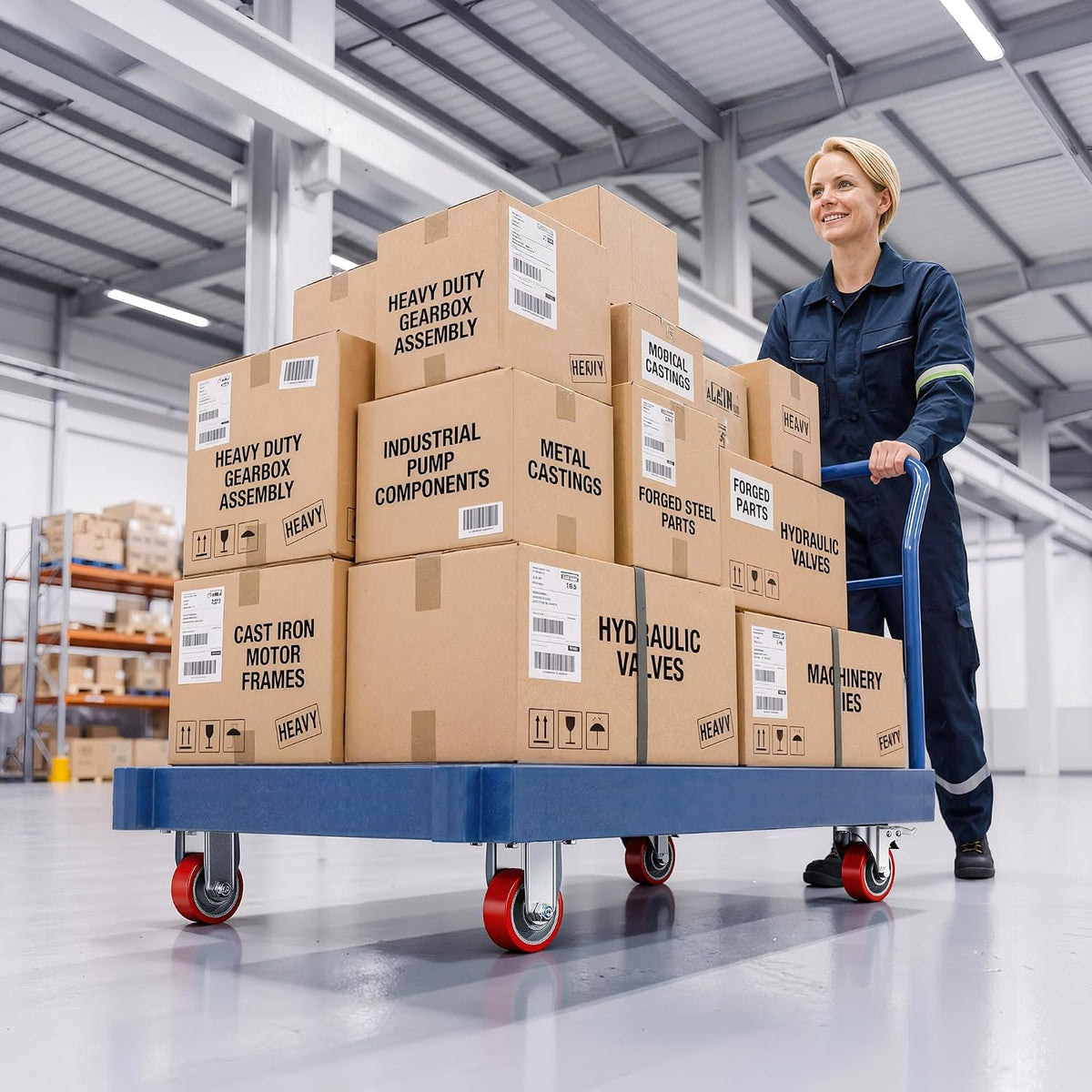 Worker pushing cart loaded with cargo, cart fitted with Holkie 3 inch heavy-duty PU plate casters