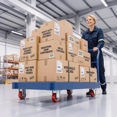 Worker pushing cart loaded with cargo, cart fitted with Holkie 3 inch heavy-duty PU plate casters