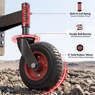 8‑inch heavy-duty spring‑loaded gate wheel structure diagram, built‑in coil spring, double ball bearing for 360‑degree rotation, solid rubber all‑terrain shock‑absorbing wheel