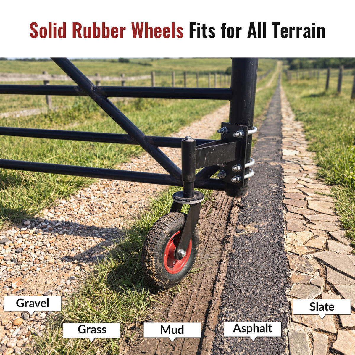 8 in heavy-duty spring-loaded solid rubber gate wheel, suitable for gravel, grass, mud, asphalt and slate