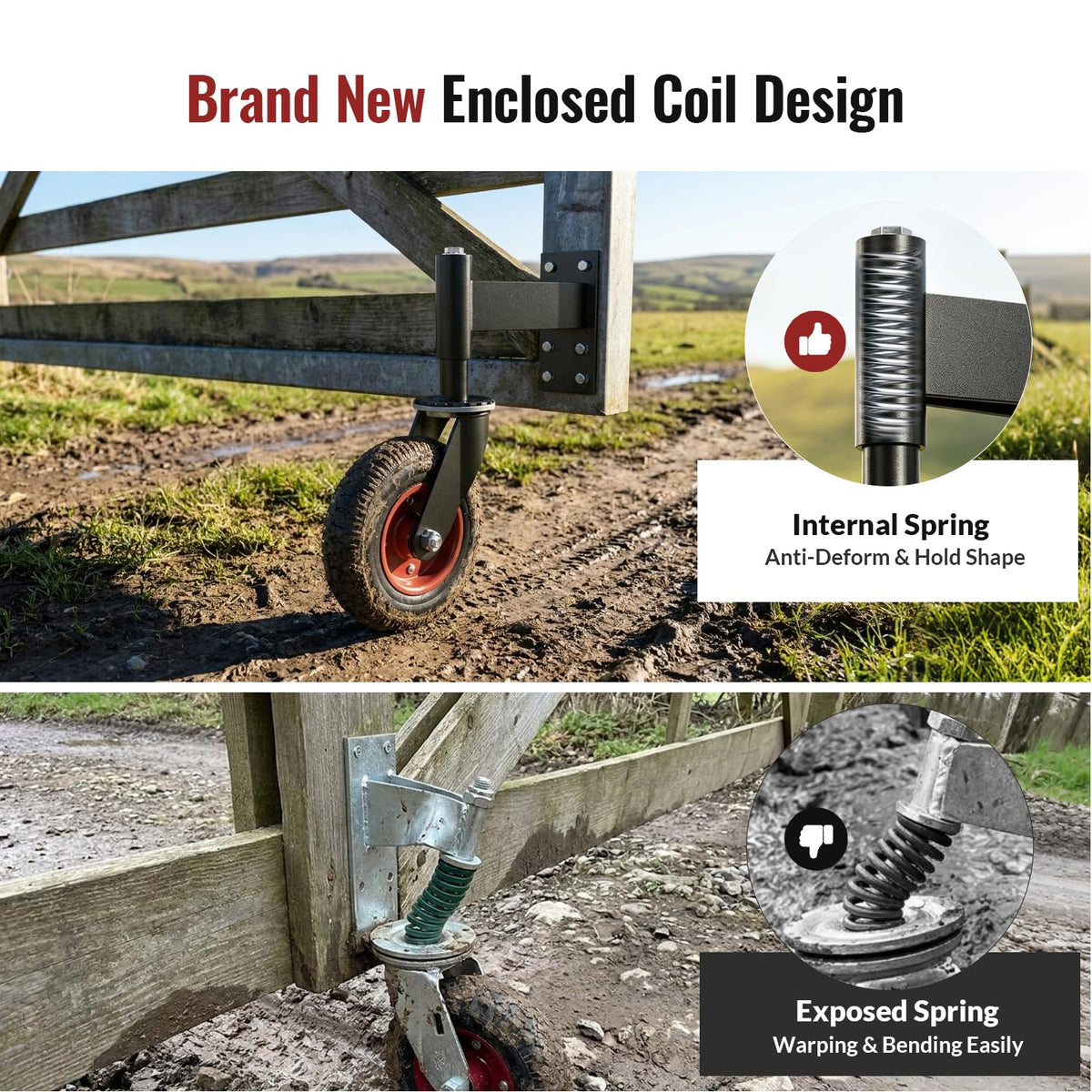Gate wheel comparison infographic, new enclosed internal coil spring anti‑deform design vs traditional exposed spring prone to warping and bending