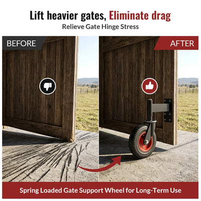 Before-after comparison of heavy-duty spring-loaded gate support wheel, lifts heavy gates, eliminates drag and relieves hinge stress for long-term service