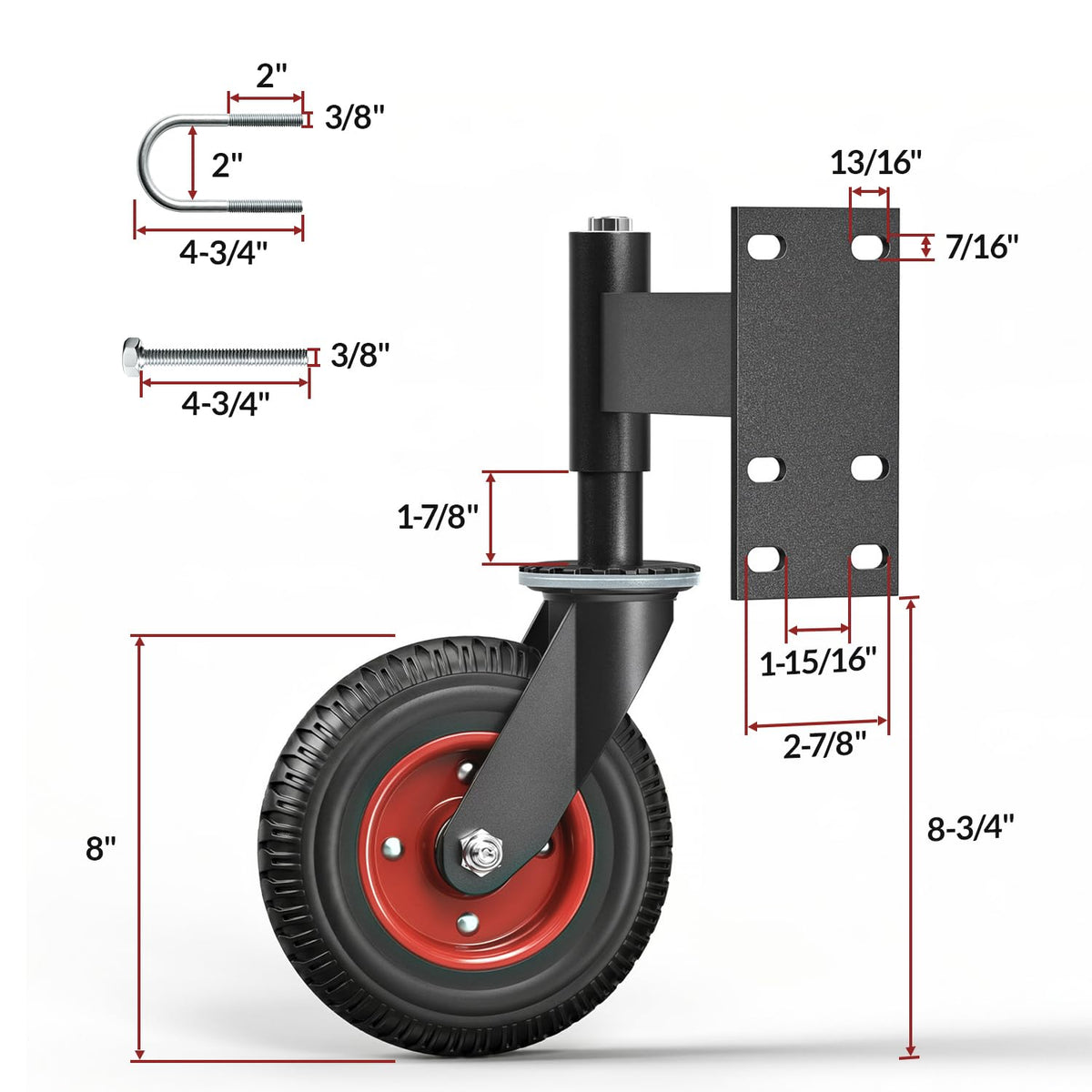 Dimension drawing for HOLKIE 8-inch heavy-duty spring-loaded gate wheel