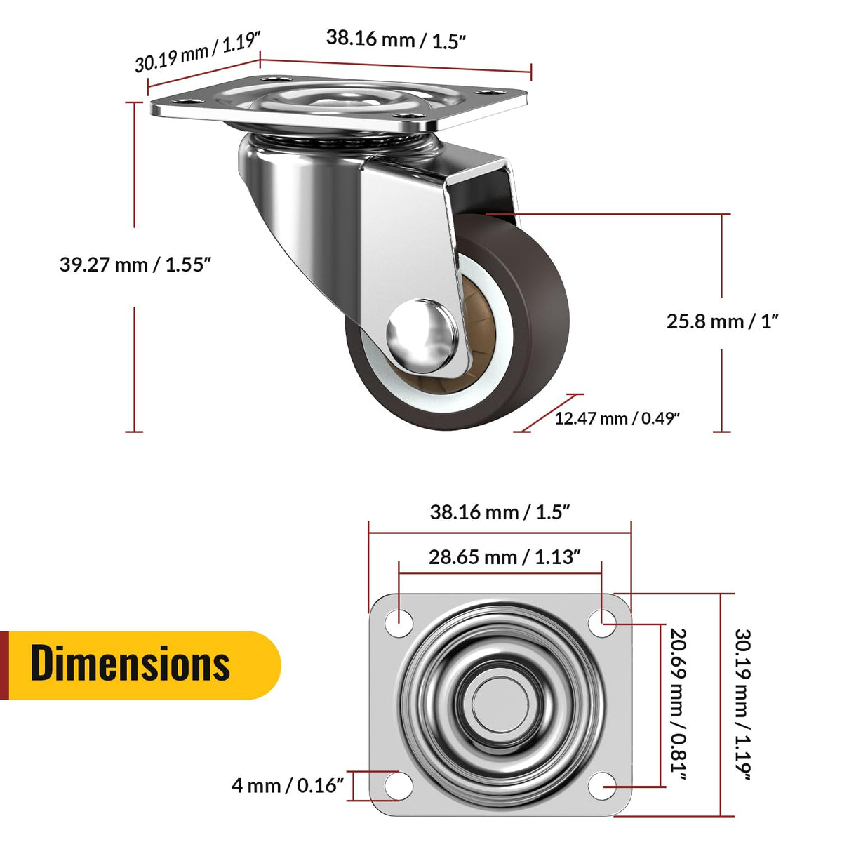 Dimension drawing of 1-inch compact plate casters