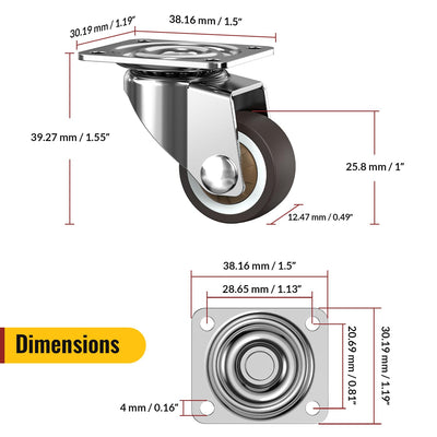 Dimension drawing of 1-inch compact plate casters