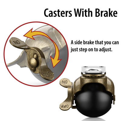 Antique brass ball casters with side brake, diagram showing brake lock and release function