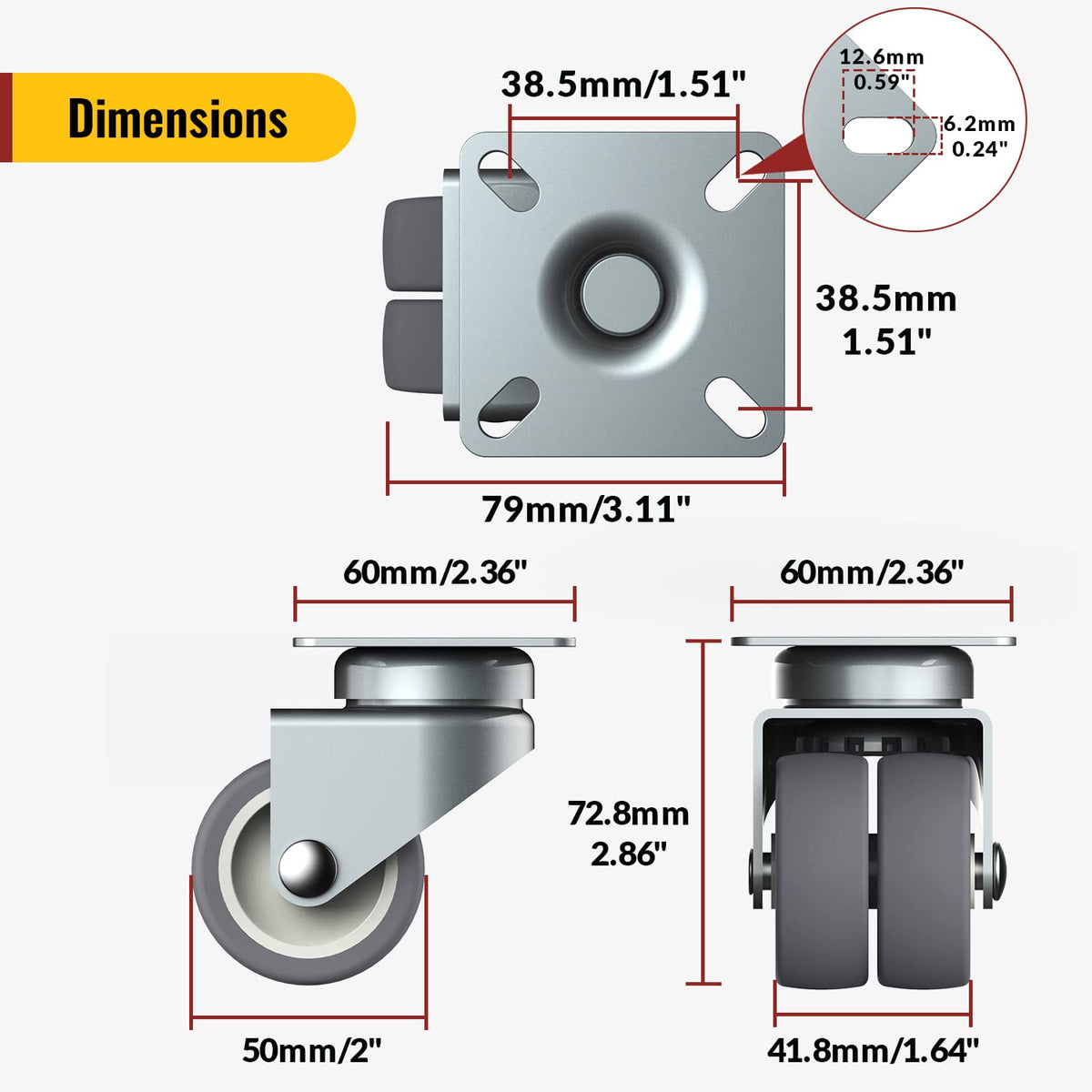 Dimension drawing of 2-in twin-wheel plate gray casters