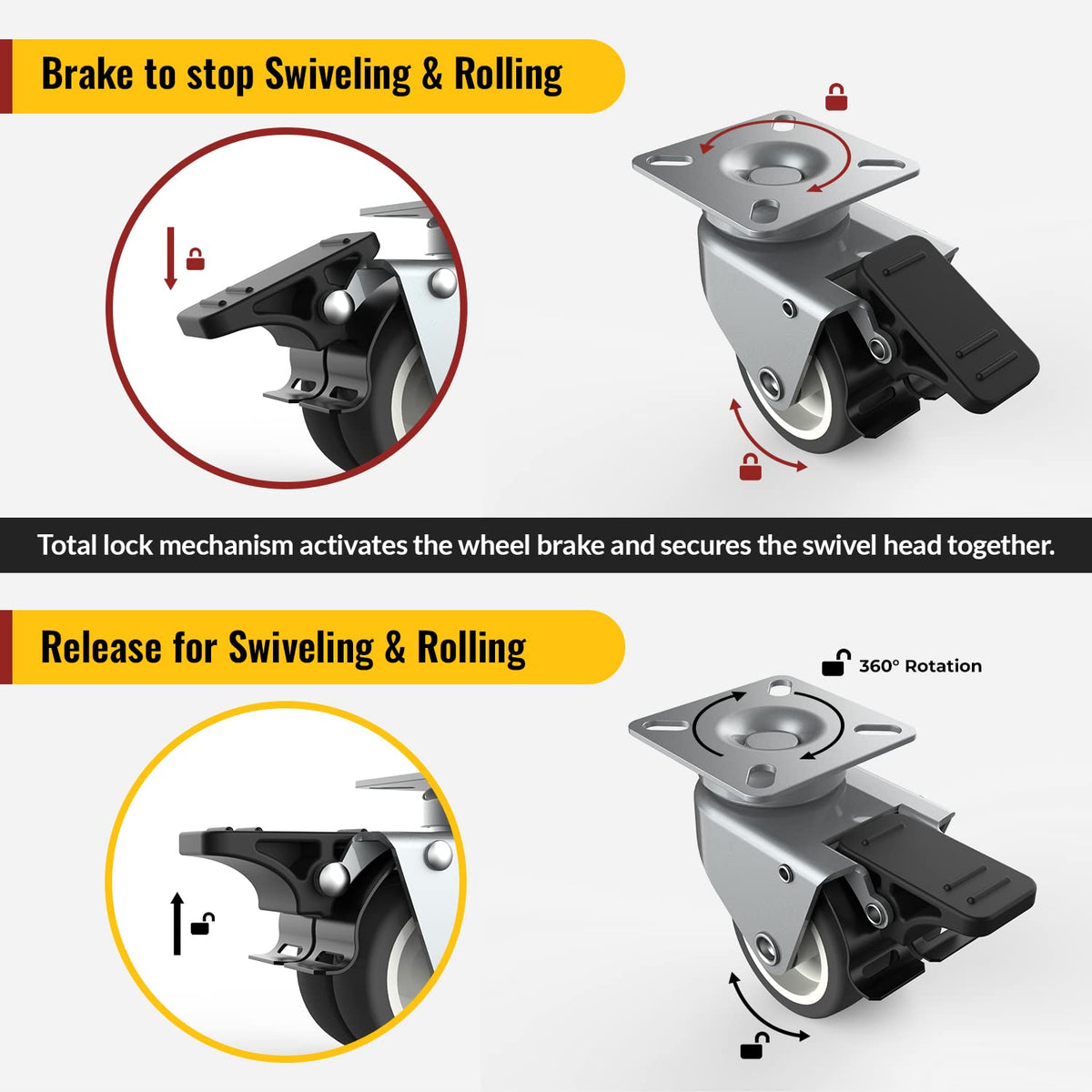2-inch twin-wheel plate gray casters with brake, diagram showing lock and release function