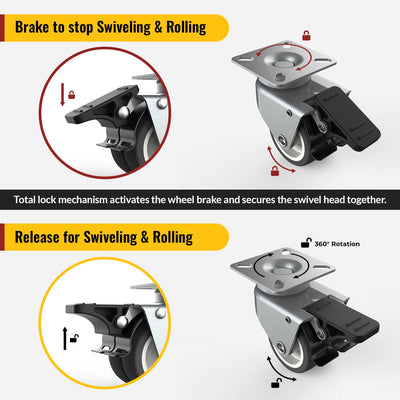 2-inch twin-wheel plate gray casters with brake, diagram showing lock and release function