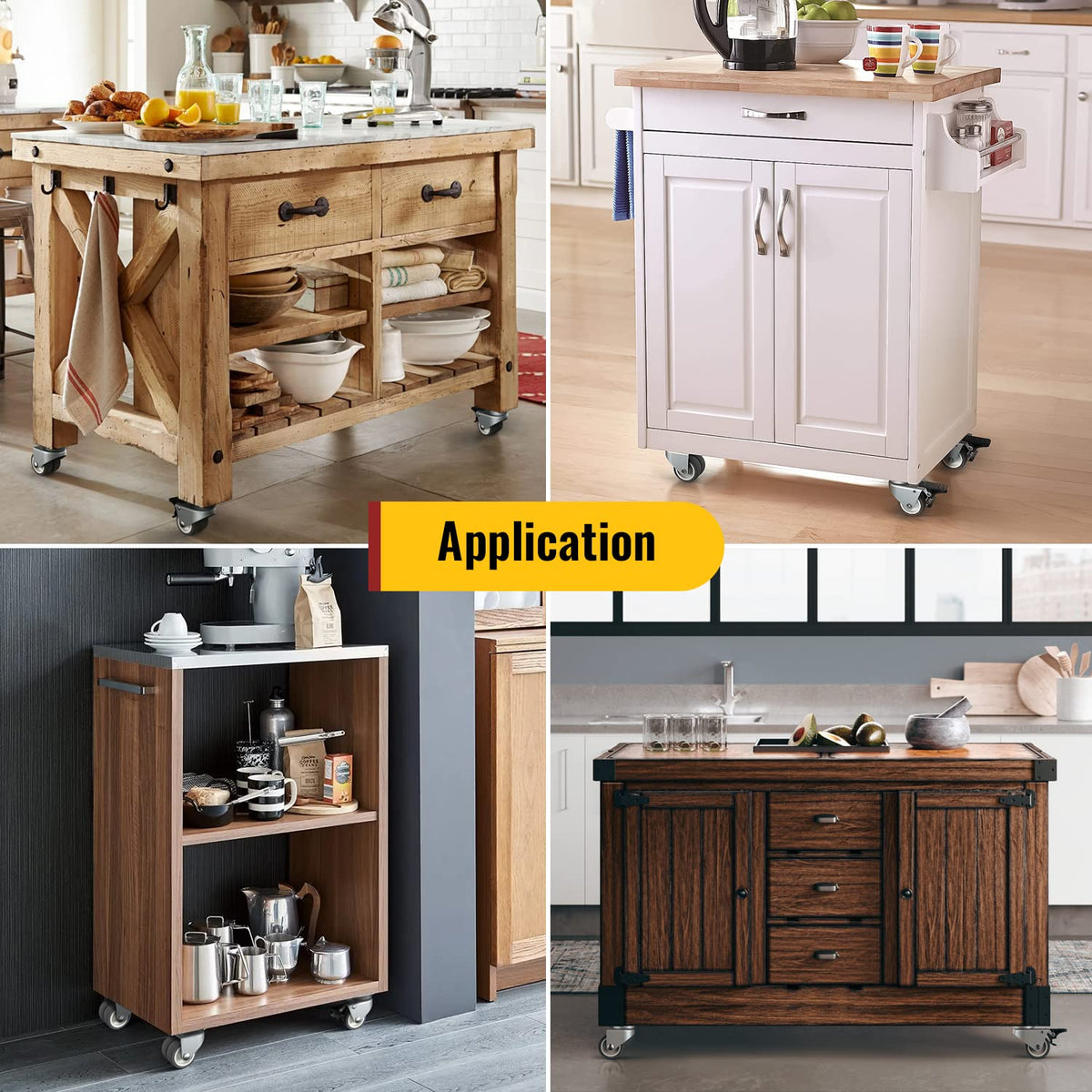 2-inch twin-wheel plate gray casters, application collage for kitchen island, rolling cart and storage cabinet