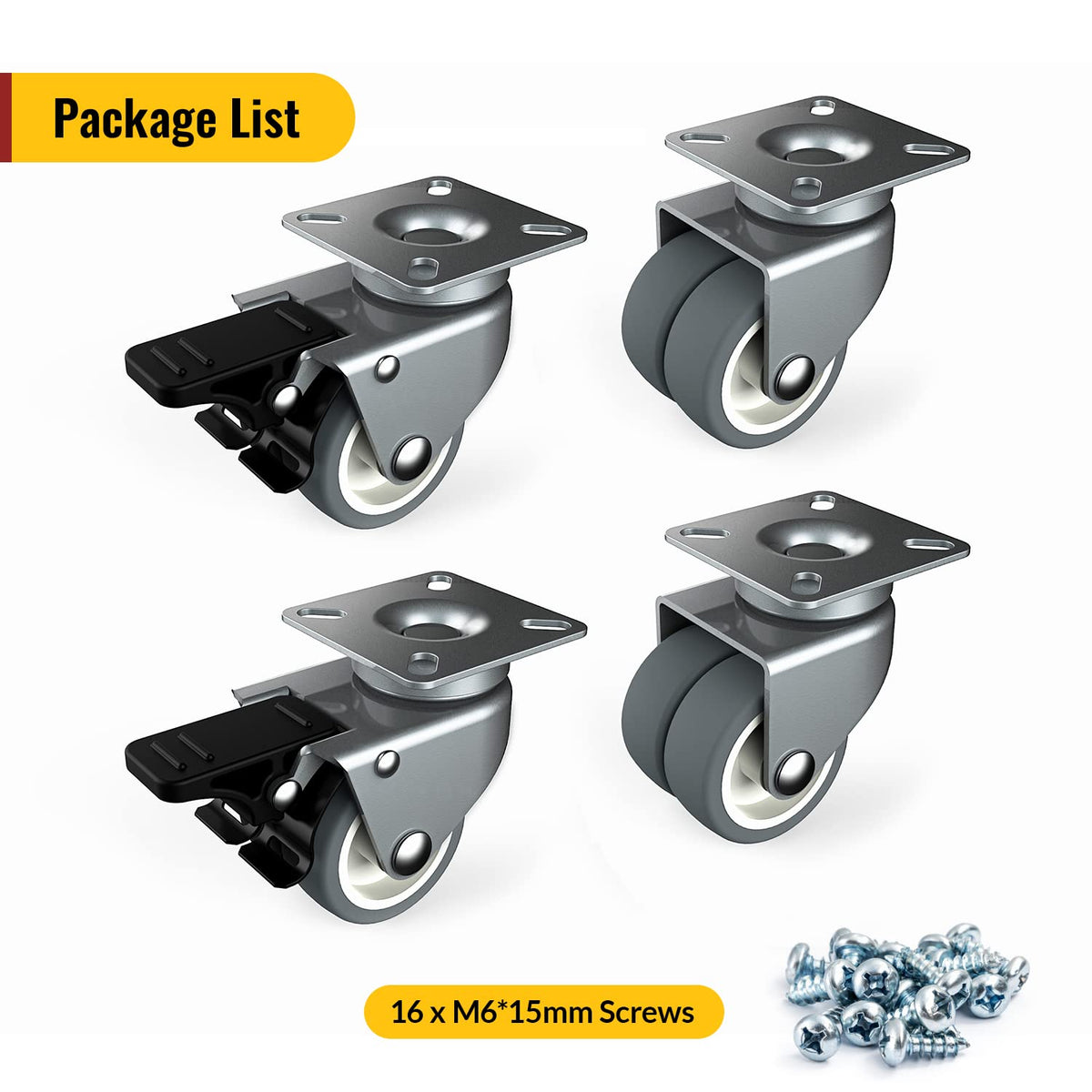 Package list of 2-inch twin-wheel plate gray casters: 2 with brake, 2 without brake, including mounting screws