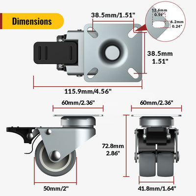 Dimension drawing of 2-in twin-wheel plate gray casters with brake