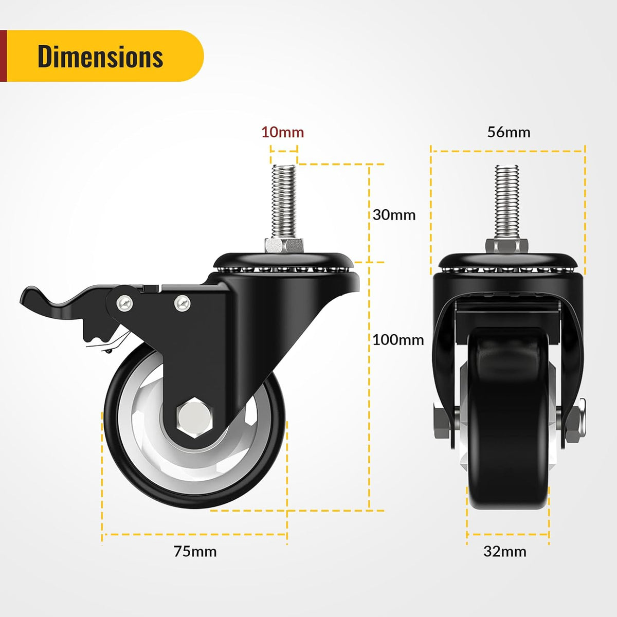 Dimension drawing of 3 inch M10 threaded stem casters