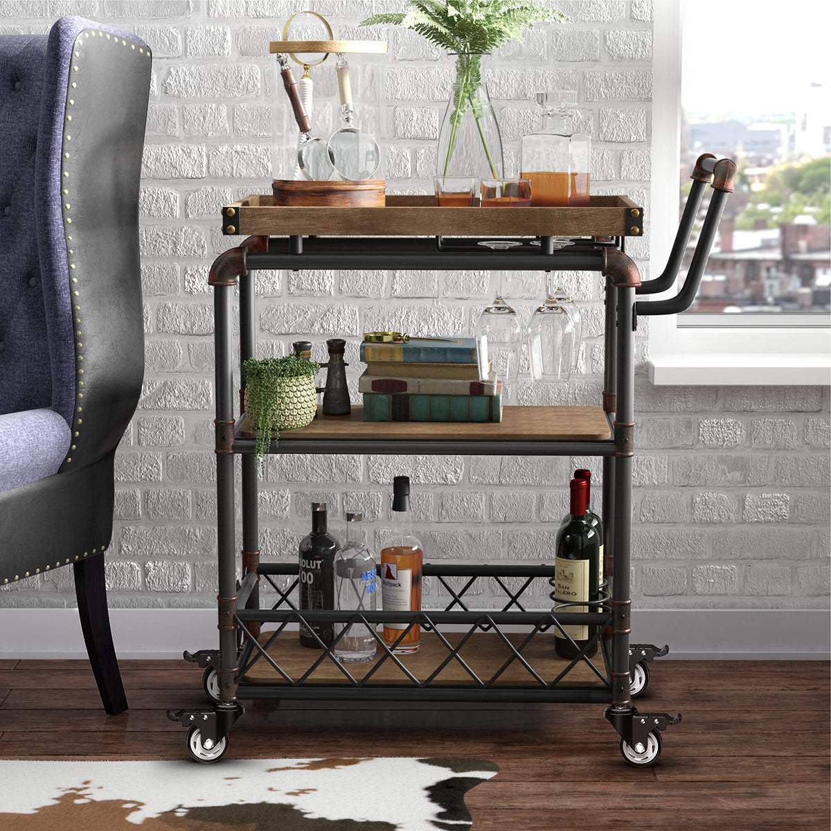 3-inch M10 threaded stem caster wheels installed on antique rolling bar cart